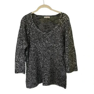 Eileen Fisher Grey Silver Metallic Sweater Small Scoop Neck Linen Blend Flaw